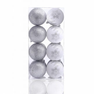 16st stilrena silverfärgade och vita julgranskulor med snöflingor, 8cm diameter