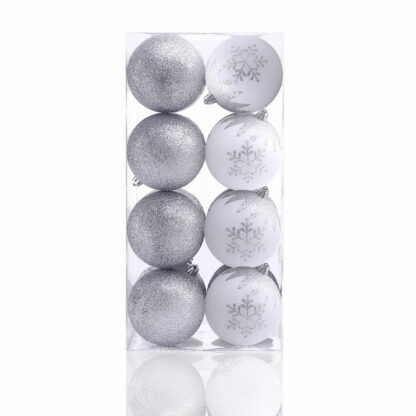 16st stilrena silverfärgade och vita julgranskulor med snöflingor, 8cm diameter