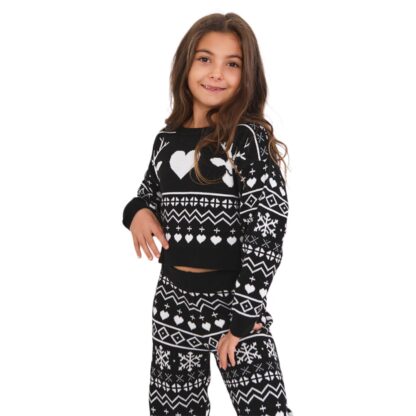 svart och vit jultröja och matchande byxor för barn med renar och hjärtan i mönstret, 100% stickat